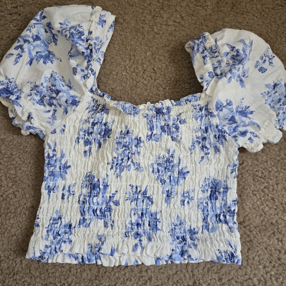 Blue and White Floral Smocked Blouse